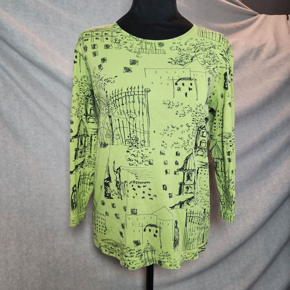 Chico's 0 Lime Green Architectural Sketch Top Art To Wear Whimsical 100% Cotton